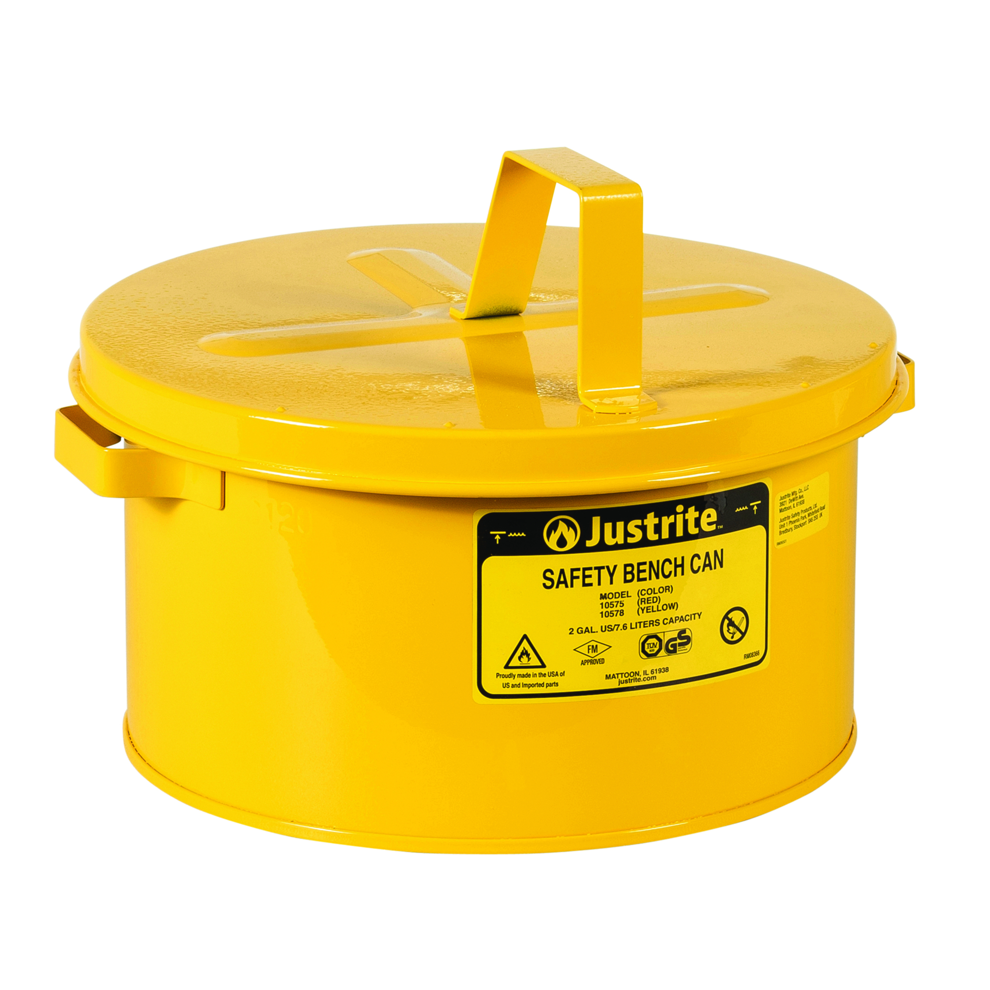 Justrite Steel Bench Can — 2 Gallon, Perforated Dasher Plate, Yellow, Model# 10578